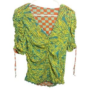 Reversible Tropical Leaf Checkered Ruched‎ V-Neck Top Women's Small